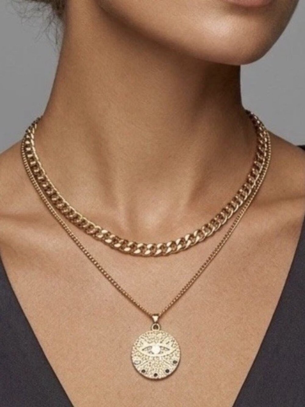 18K Gold Plated Evil Eye Cuban Necklace Coin Stainless Steel Womens Jewelry